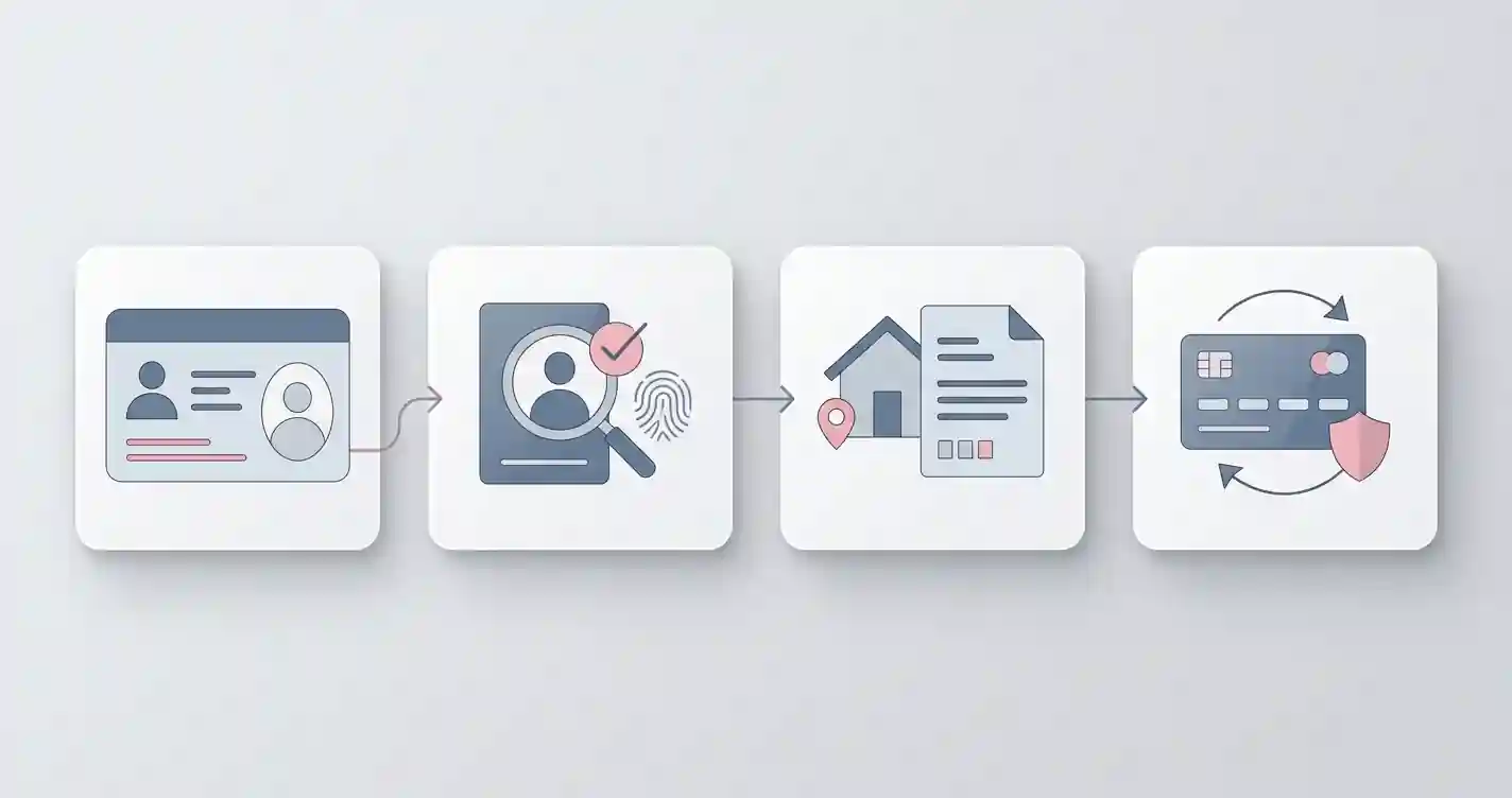 Editorial illustration of casino account registration and identity verification steps without personal documents