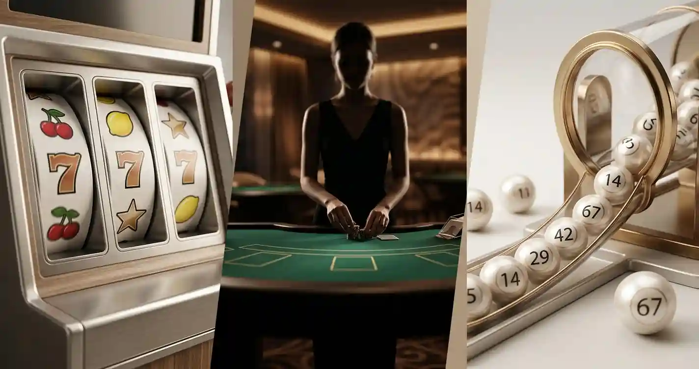 Editorial collage of slot reels, a live dealer table and bingo balls
