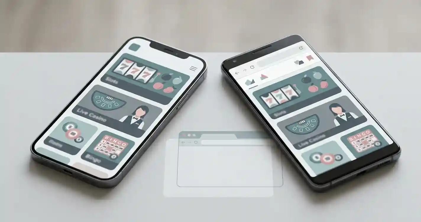 Editorial illustration of casino gaming on an iPhone and Android phone without branded interface details