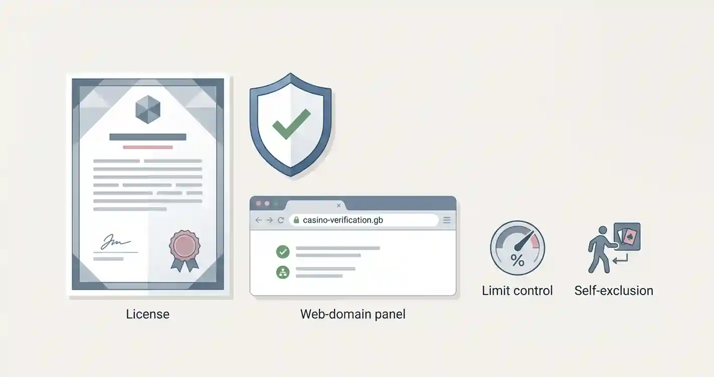 Editorial illustration of UK gambling licence verification and safer-gambling controls